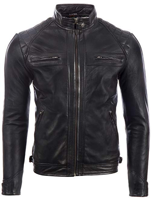 MDK Men's Real Leather Super Soft Black Biker Jacket Diamond Padded Shoulders