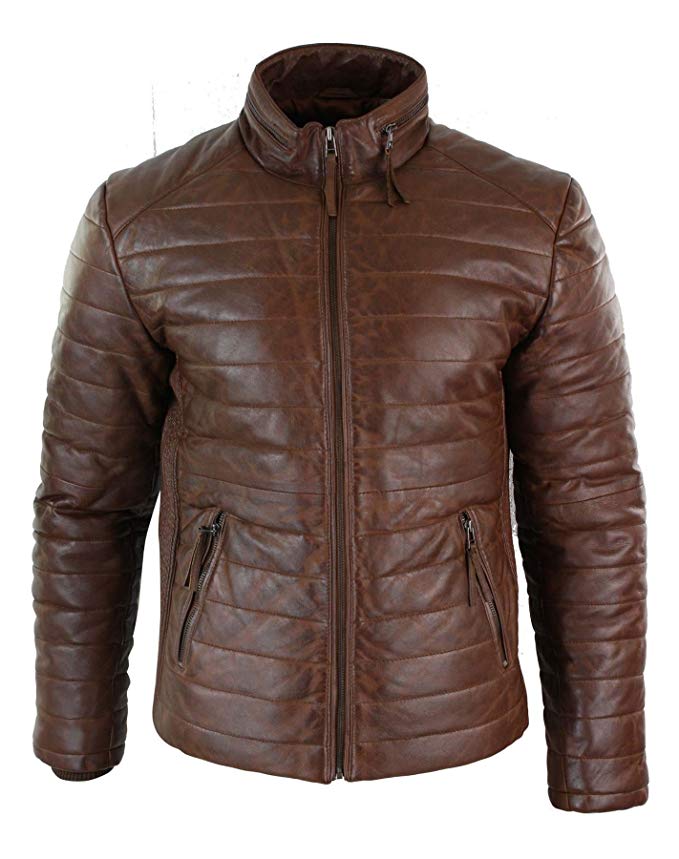 Aviatrix Mens Real Leather Genuine Quilted Puffer Zipped Jacket Brown Black Casual
