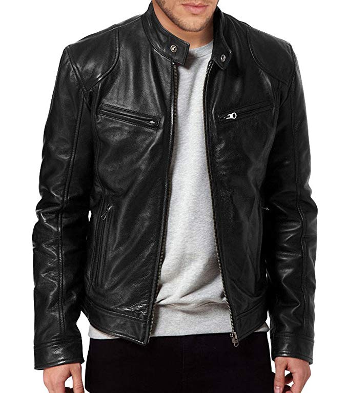 Leather Lifestyle Men Real Leather Genuine Lambskin Jacket Motorcycle Biker Slim Fit Black MJ61