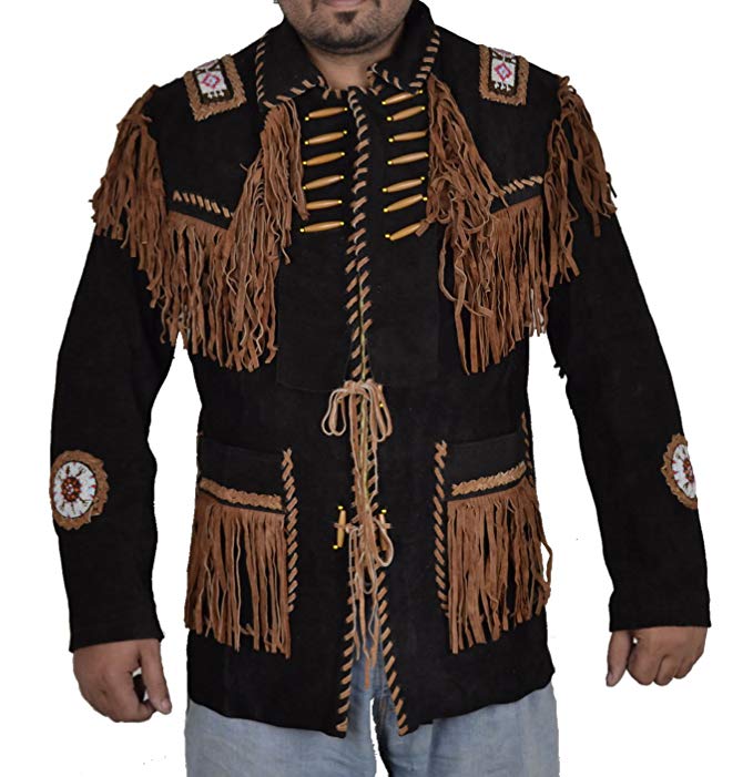 SleekHides Men's Indian Cowboy Suede Leather Coat Fringed & Beaded