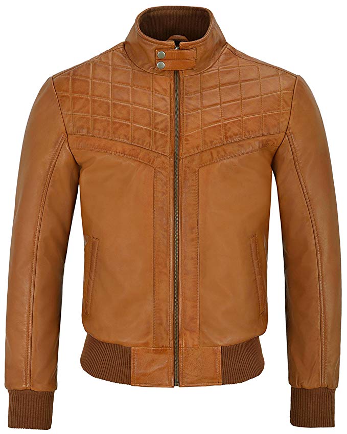 Smart Range Men's 70's Leather Jacket Tan Quilted Retro Bomber Style Lambskin Leather 4757