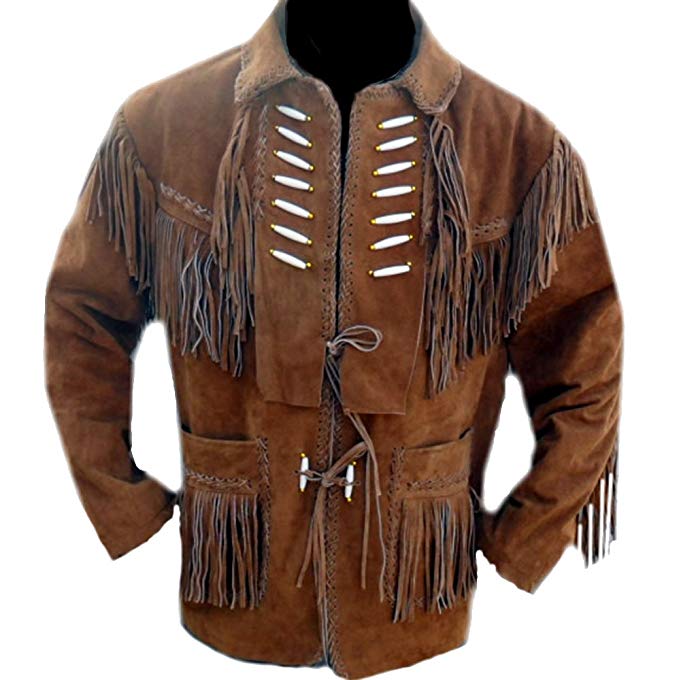 coolhides Men's Cowboy Leather Jacket with Bones and Fringes