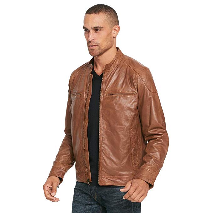 Wilsons Leather Mens Web Buster Leather Moto Jacket W/Shoulder Patches