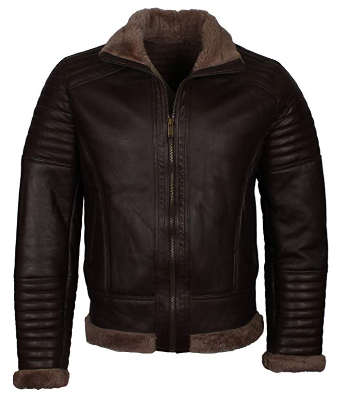 B3 Mens Leather Jacket with Faux Fur Shearling in Dark Brown Color