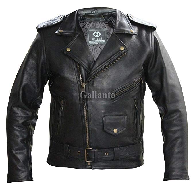 Gallanto Naked Cowhide Marlon Brando Biker Leather Jacket, Removable Lining Antique